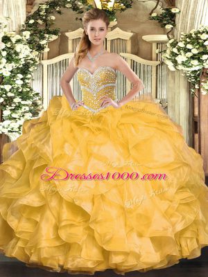 Attractive Organza Sweetheart Sleeveless Lace Up Beading and Ruffles Quinceanera Gown in Gold