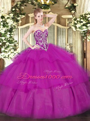 Romantic Fuchsia Sweetheart Neckline Beading and Ruffled Layers 15th Birthday Dress Sleeveless Lace Up