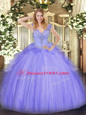 Adorable V-neck Sleeveless Quince Ball Gowns Floor Length Beading Lavender Tulle