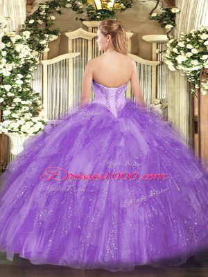 Adorable V-neck Sleeveless Quince Ball Gowns Floor Length Beading Lavender Tulle