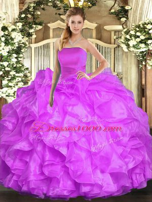 Flare Strapless Sleeveless Lace Up Quinceanera Dresses Lilac Organza