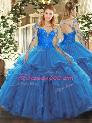 Blue Ball Gowns Lace and Ruffles Sweet 16 Dresses Lace Up Tulle Long Sleeves Floor Length