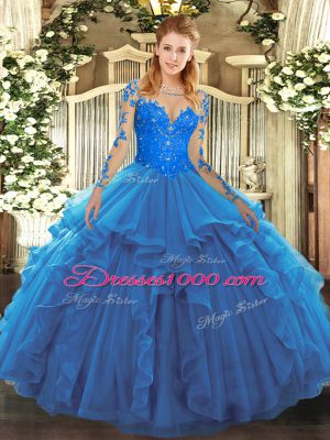 Blue Ball Gowns Lace and Ruffles Sweet 16 Dresses Lace Up Tulle Long Sleeves Floor Length