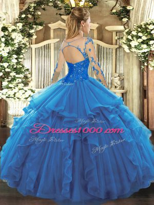 Blue Ball Gowns Lace and Ruffles Sweet 16 Dresses Lace Up Tulle Long Sleeves Floor Length