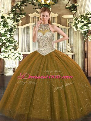 Attractive Brown Ball Gowns Halter Top Sleeveless Tulle Floor Length Lace Up Beading Sweet 16 Quinceanera Dress