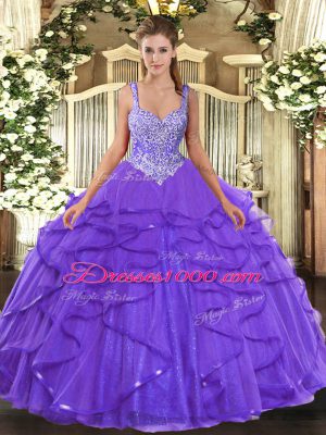 Sleeveless Tulle Floor Length Lace Up 15th Birthday Dress in Lavender with Beading and Ruffles