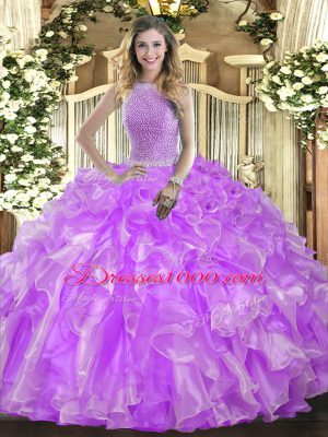 Cheap Floor Length Lace Up Quinceanera Gowns Lavender for Military Ball and Sweet 16 and Quinceanera with Beading and Ruffles