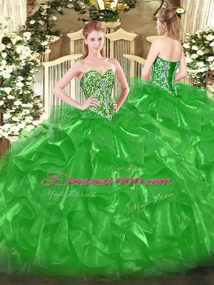 Cute Green Lace Up Sweetheart Beading and Ruffles Sweet 16 Dresses Organza Sleeveless