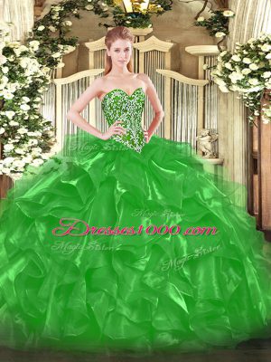 Cute Green Lace Up Sweetheart Beading and Ruffles Sweet 16 Dresses Organza Sleeveless