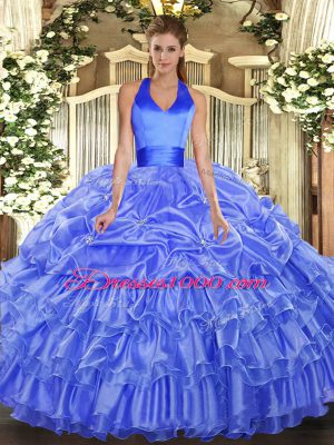 Blue Quinceanera Gown Military Ball and Sweet 16 and Quinceanera with Ruffled Layers and Pick Ups Halter Top Sleeveless Lace Up