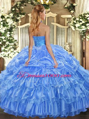 Blue Quinceanera Gown Military Ball and Sweet 16 and Quinceanera with Ruffled Layers and Pick Ups Halter Top Sleeveless Lace Up