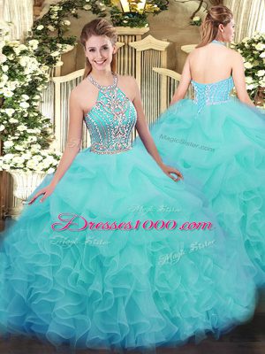 High Quality Aqua Blue Lace Up Quinceanera Gown Ruffles Sleeveless Floor Length