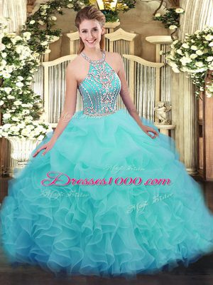 High Quality Aqua Blue Lace Up Quinceanera Gown Ruffles Sleeveless Floor Length