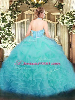 High Quality Aqua Blue Lace Up Quinceanera Gown Ruffles Sleeveless Floor Length