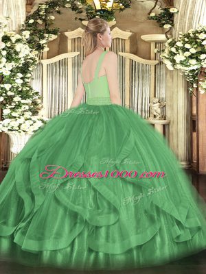 Ideal Olive Green Sleeveless Beading and Ruffles Floor Length Quinceanera Gown