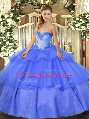 Blue Ball Gowns Beading and Ruffled Layers Sweet 16 Dresses Lace Up Tulle Sleeveless Floor Length