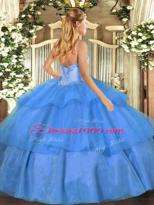 Blue Ball Gowns Beading and Ruffled Layers Sweet 16 Dresses Lace Up Tulle Sleeveless Floor Length