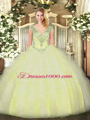 Floor Length Lace Up Sweet 16 Dress Yellow Green for Military Ball and Sweet 16 and Quinceanera with Beading and Ruffles