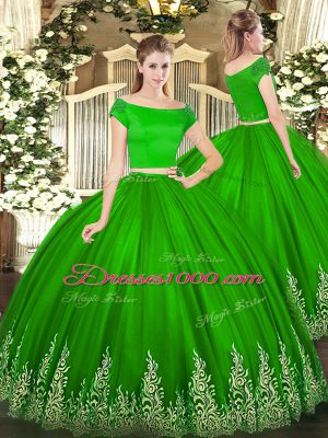 High End Floor Length Zipper 15th Birthday Dress Green for Military Ball and Sweet 16 and Quinceanera with Appliques