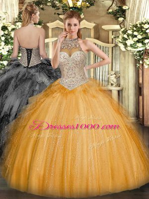 Orange Halter Top Lace Up Beading and Ruffles Quinceanera Dress Sleeveless