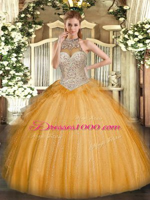 Orange Halter Top Lace Up Beading and Ruffles Quinceanera Dress Sleeveless