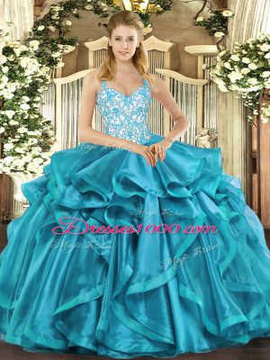 Lovely Teal Straps Lace Up Beading and Appliques and Ruffles 15th Birthday Dress Sleeveless