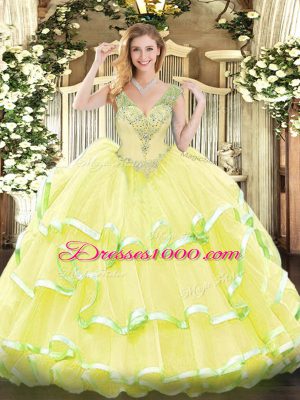 Yellow Lace Up Sweet 16 Dress Beading and Ruffled Layers Sleeveless Floor Length