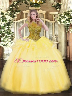 Gorgeous Floor Length Gold Quinceanera Dresses Organza Cap Sleeves Beading and Appliques