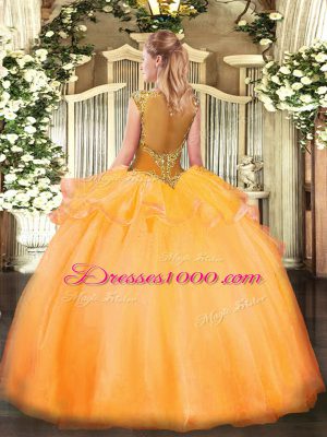 Gorgeous Floor Length Gold Quinceanera Dresses Organza Cap Sleeves Beading and Appliques