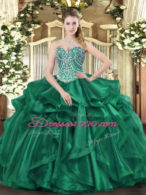 Dark Green Ball Gowns Organza Sweetheart Sleeveless Beading and Ruffles Floor Length Lace Up Ball Gown Prom Dress