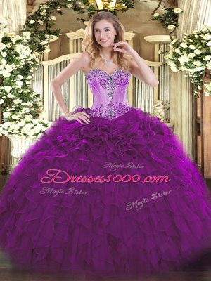 Eggplant Purple Lace Up Sweetheart Beading and Ruffles 15 Quinceanera Dress Organza Sleeveless