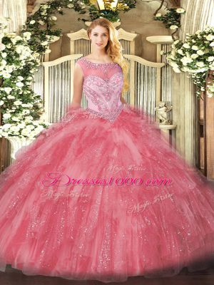 Graceful Scoop Sleeveless Zipper Sweet 16 Dresses Rose Pink Organza