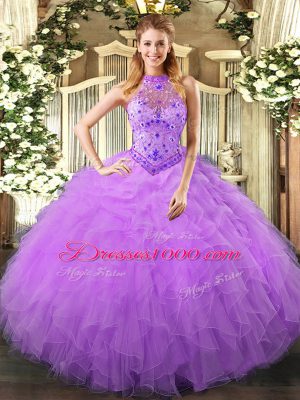 Fabulous Lavender Ball Gowns Beading and Ruffles Sweet 16 Dresses Lace Up Organza Sleeveless Floor Length