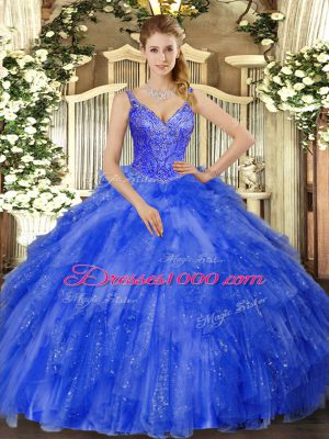 High Quality Royal Blue Ball Gowns Tulle V-neck Sleeveless Beading and Ruffles Floor Length Lace Up 15 Quinceanera Dress