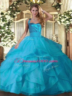 Luxurious Baby Blue Ball Gowns Tulle Halter Top Sleeveless Ruffles Floor Length Lace Up Quinceanera Gowns