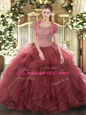 Sexy Sleeveless Tulle Floor Length Clasp Handle Quince Ball Gowns in Burgundy with Beading and Ruffled Layers