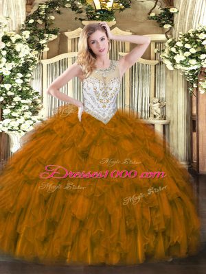 Modern Floor Length Brown Sweet 16 Quinceanera Dress Tulle Sleeveless Beading and Ruffles