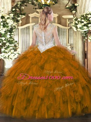 Modern Floor Length Brown Sweet 16 Quinceanera Dress Tulle Sleeveless Beading and Ruffles