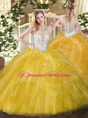 Beading and Ruffles Ball Gown Prom Dress Gold Zipper Sleeveless Floor Length