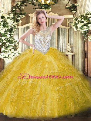 Beading and Ruffles Ball Gown Prom Dress Gold Zipper Sleeveless Floor Length