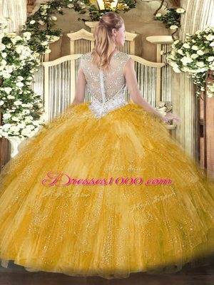 Beading and Ruffles Ball Gown Prom Dress Gold Zipper Sleeveless Floor Length