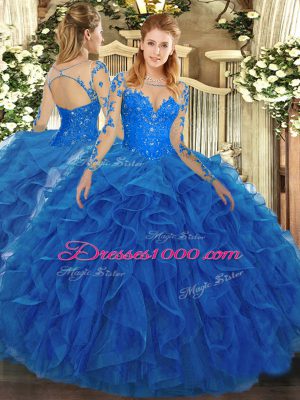 Floor Length Lace Up Quinceanera Dresses Blue for Military Ball and Sweet 16 and Quinceanera with Lace and Ruffles
