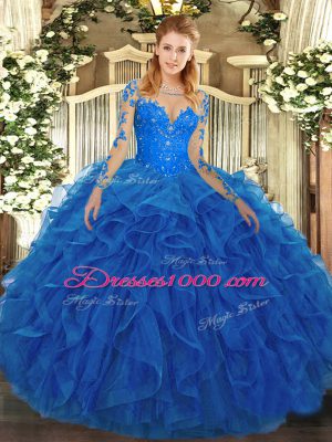 Floor Length Lace Up Quinceanera Dresses Blue for Military Ball and Sweet 16 and Quinceanera with Lace and Ruffles
