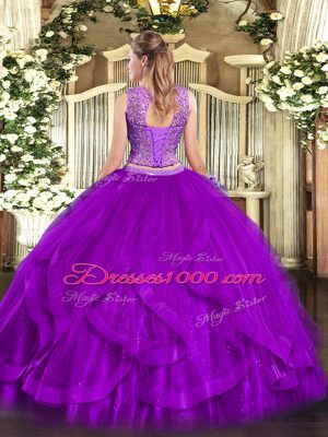 Organza Sleeveless Floor Length Quinceanera Dresses and Beading and Ruffles