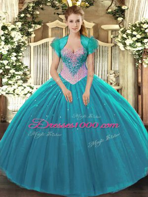 Sweetheart Sleeveless Ball Gown Prom Dress Floor Length Beading Aqua Blue Tulle