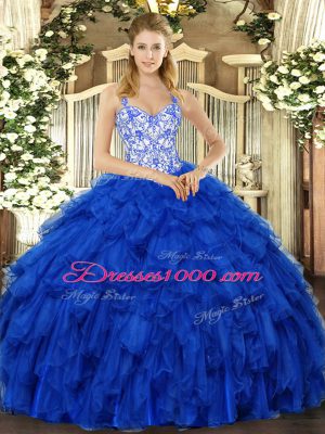Smart Royal Blue Sleeveless Floor Length Beading and Ruffles Lace Up Sweet 16 Quinceanera Dress
