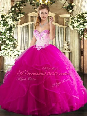 Latest Fuchsia Ball Gowns Beading and Ruffles 15 Quinceanera Dress Lace Up Tulle Sleeveless Floor Length