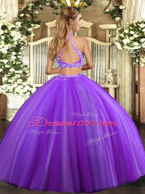 Floor Length Criss Cross Quinceanera Gowns Purple for Military Ball and Sweet 16 and Quinceanera with Beading