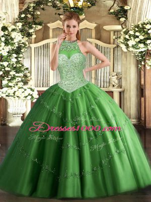 New Arrival Green Halter Top Lace Up Beading and Appliques 15 Quinceanera Dress Sleeveless
