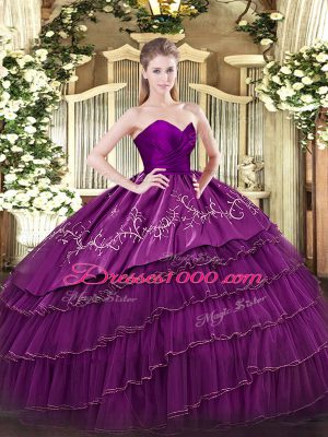 Embroidery and Ruffled Layers Quince Ball Gowns Eggplant Purple Zipper Sleeveless Floor Length